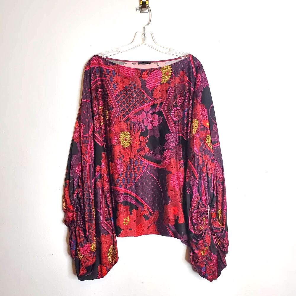 Boho Baggy Statement Garden Floral Top Vivid Dramatic Oversized Sleeves Natori - Picture 3 of 11